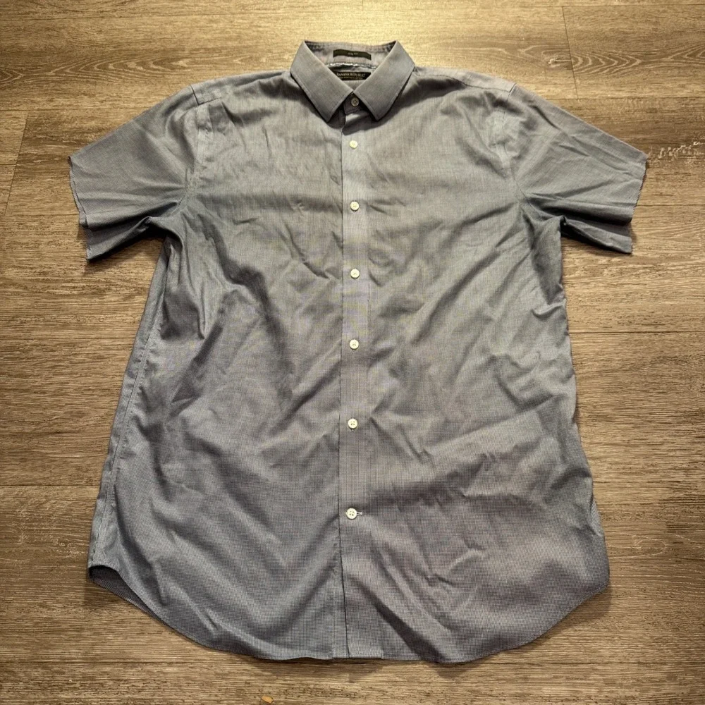 Banana Republic Shirt Mens L Blue Micro Houndstooth Cotton Cutoff Raw Sleeve